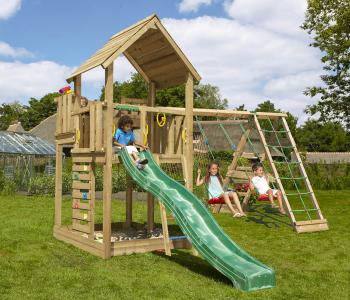 Jungle Palace | Aire de jeux en bois avec balançoires et filet d'escalade