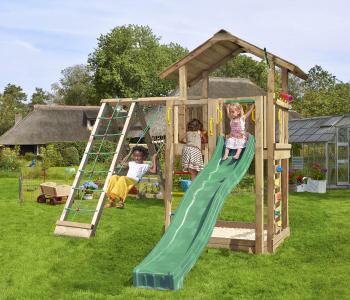 Jungle Chalet | Aire de jeux en bois avec balançoire et filet d'escalade