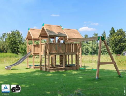 Aire de Jeux en Bois Professionnelle Jungle Gym avec Balançoires • Hy-land P8s