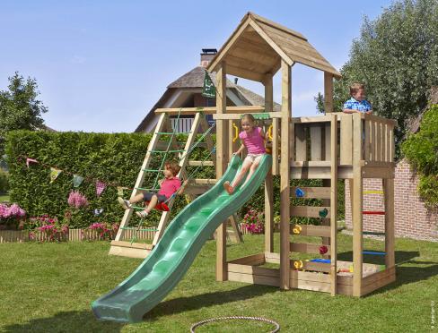 Jungle Mansion | Aire de jeux en bois avec balançoire et filet d'escalade