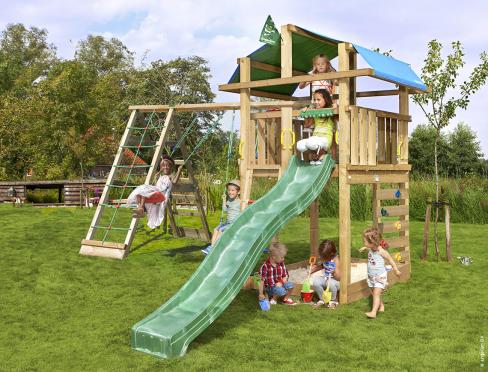 Jungle Fort | Aire de jeux en bois avec balançoires et filet d'escalade