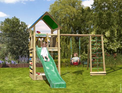 Jungle Lodge | Aire de jeux en bois avec balançoire et filet d'escalade