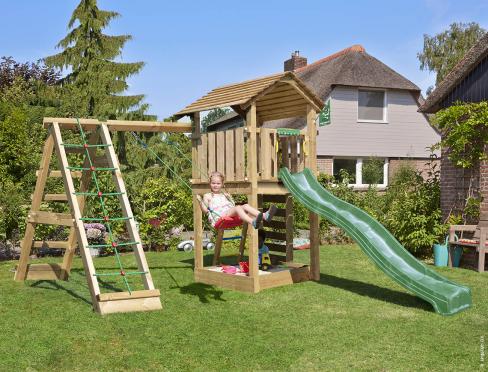 Jungle Cottage | Aire de jeux en bois avec balançoire et filet d'escalade