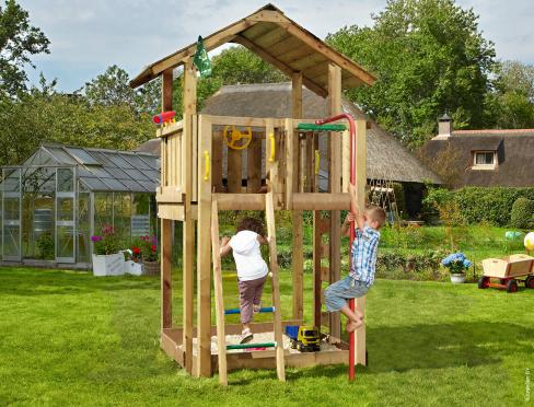 Jungle Chalet | Aire de jeux en bois avec barre de pompier