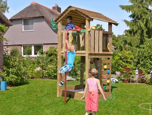 Jungle Cottage | Aire de jeux en bois avec barre de pompier