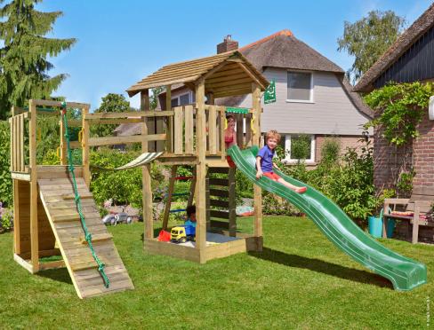 Jungle Cottage | Aire de jeux en bois avec toboggan et pont suspendu