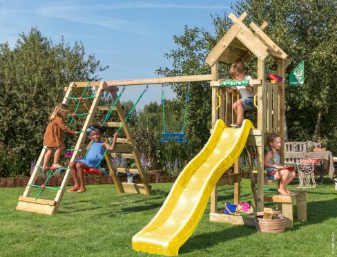 Jungle Totem | Aire de jeux en bois avec balançoires & filet d'escalade