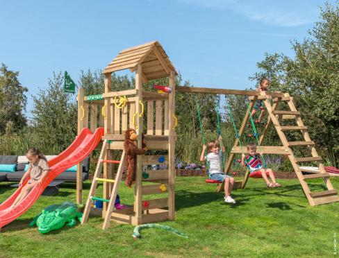 Jungle Safari | Aire de jeux en bois avec balançoires & filet d'escalade