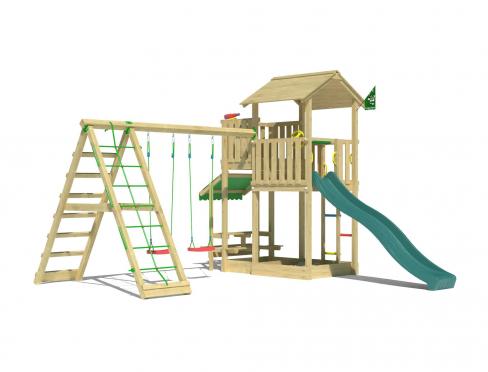 Jungle Veranda | Aire de jeux en bois avec balançoires et filet d'escalade
