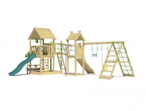 Jungle Pavillon | Aire de jeux en bois avec balançoires et filet d'escalade
