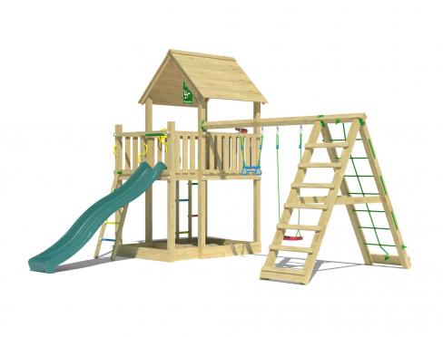 Jungle Majesty | Aire de jeux en bois avec balançoires et filet d'escalade