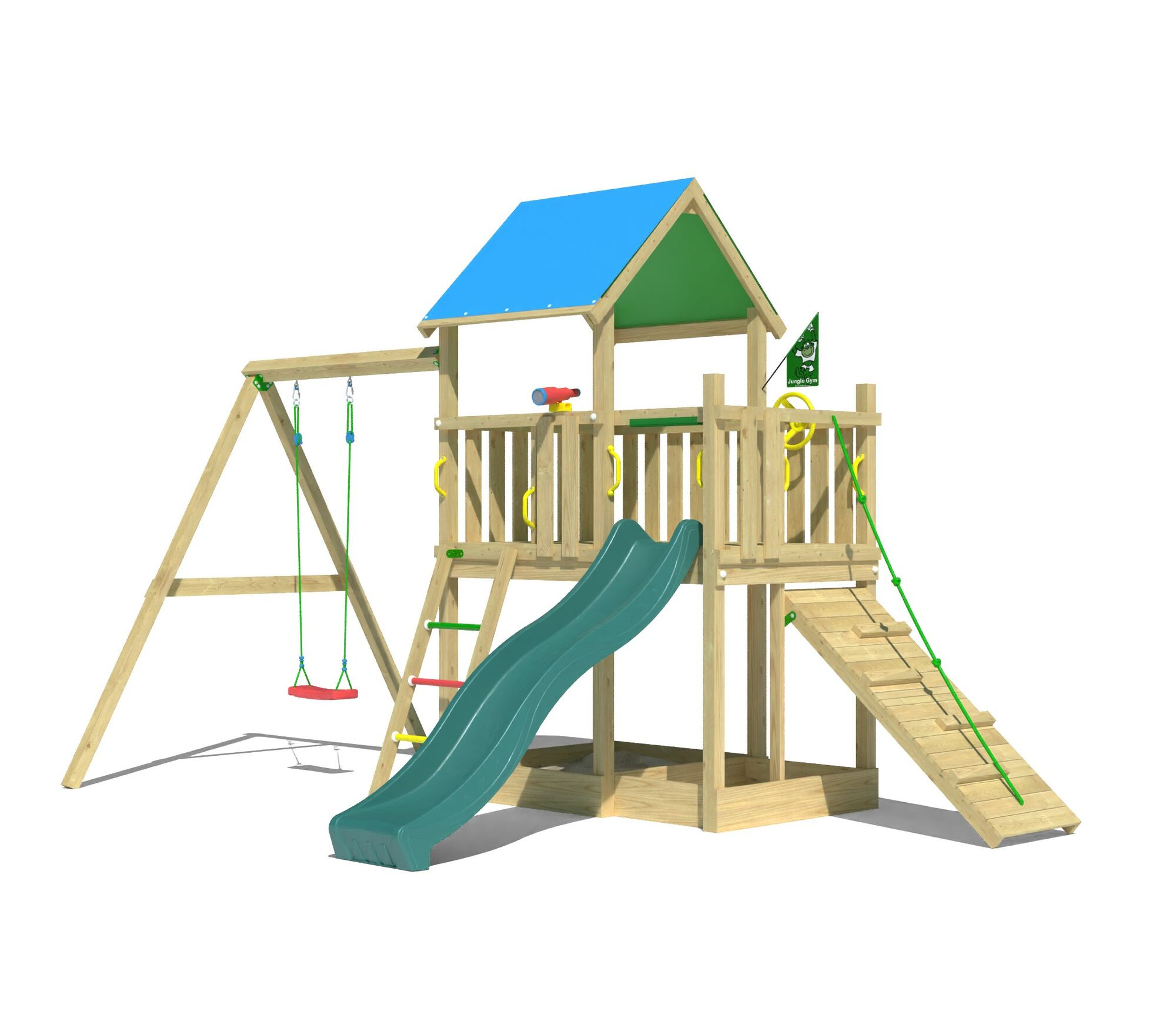 Aire de jeux en bois pour enfants avec toit bleu en bois, toboggan vert, balançoire et table de pique-nique