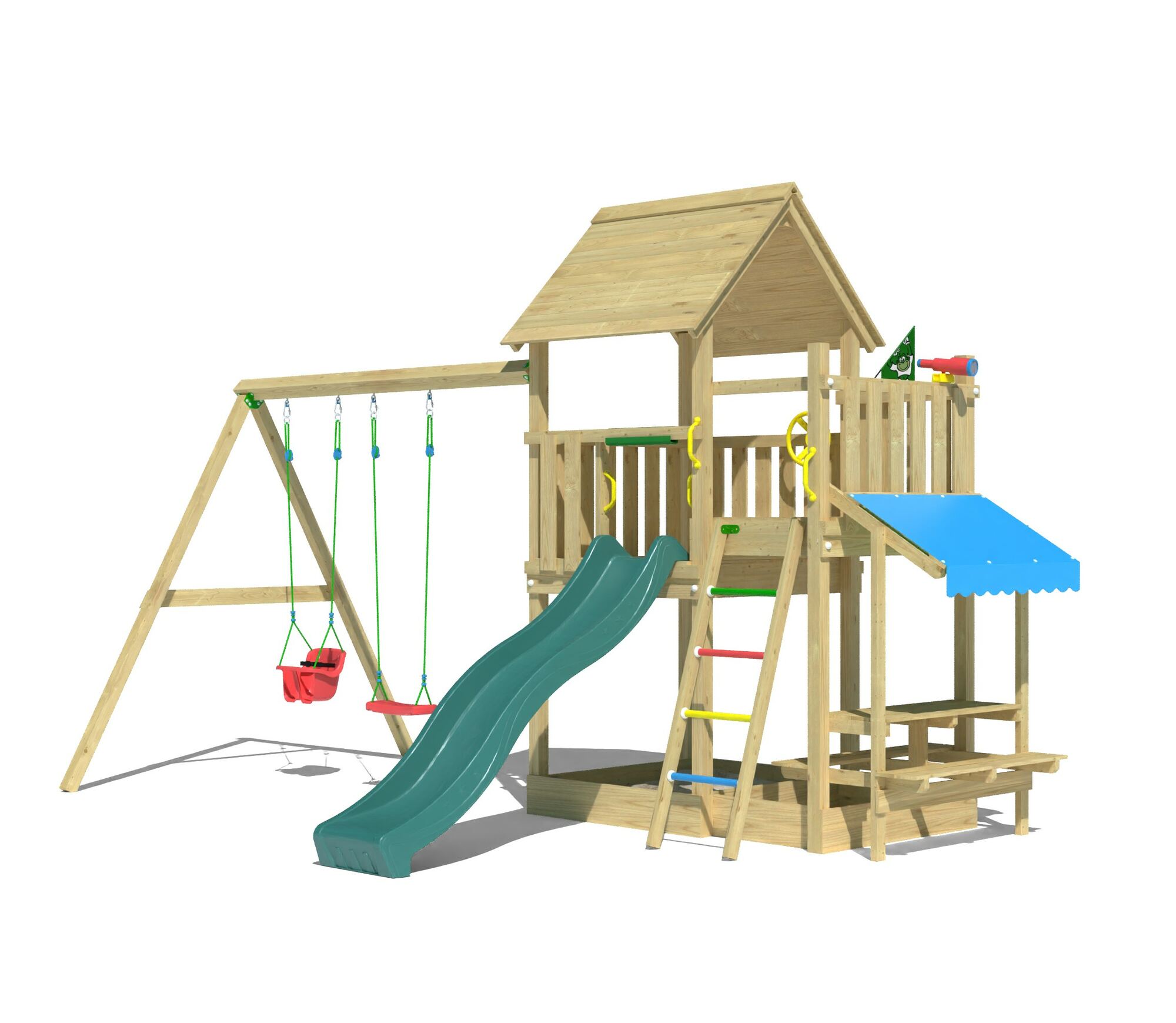 Aire de jeux en bois avec double balançoire, toboggan, maisonnette et table de pique-nique